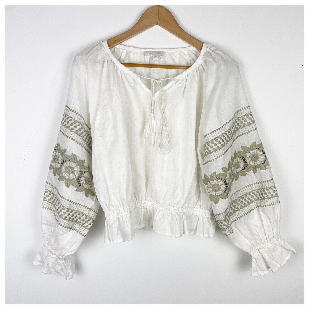 Anthropologie Eri + Ali Peasant 100% linen white puff sleeve floral Embroidery‌‌